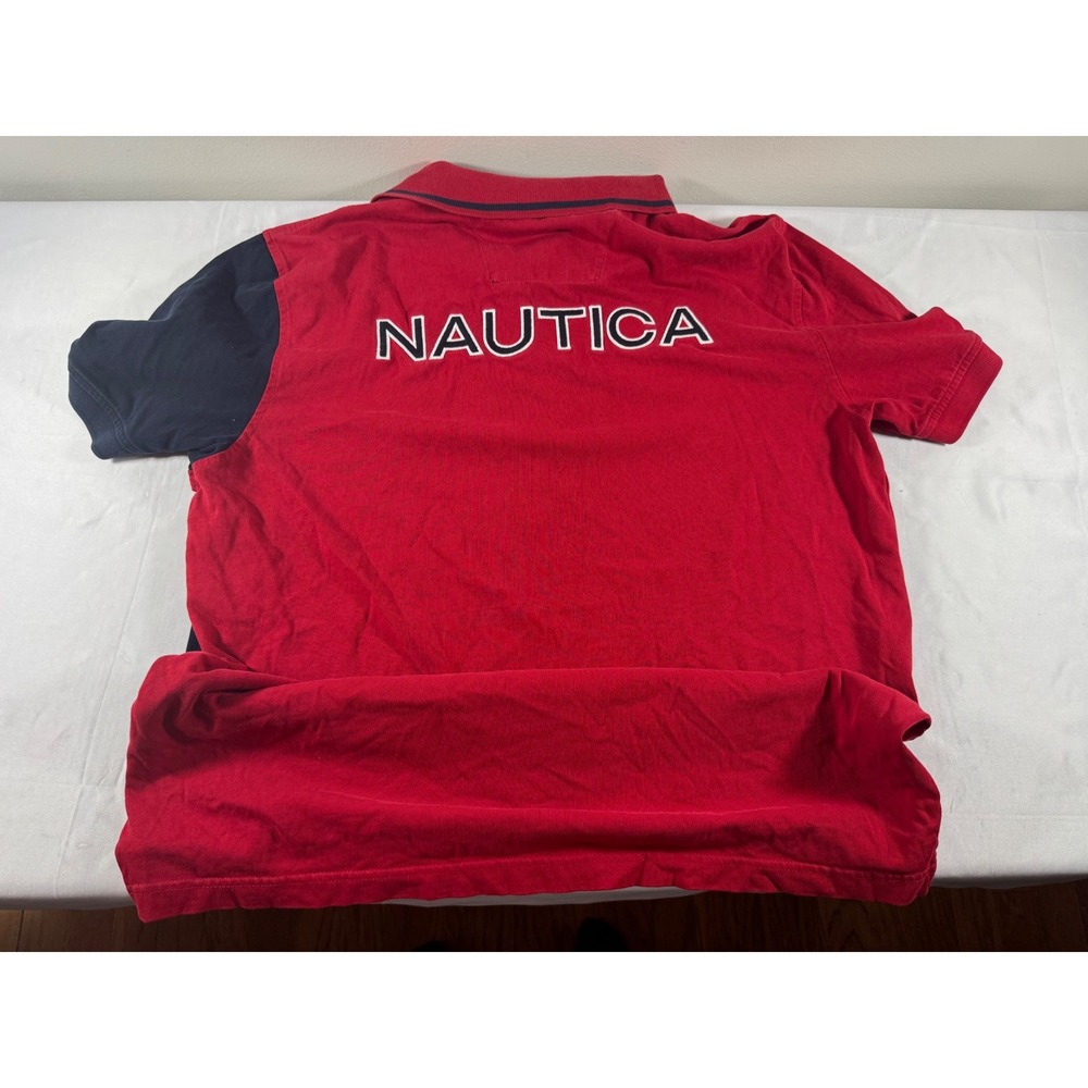 VTG 90s/Y2K Nautica Mens XL Polo Shirt Red Navy Blue Colorblock Big Logo SS